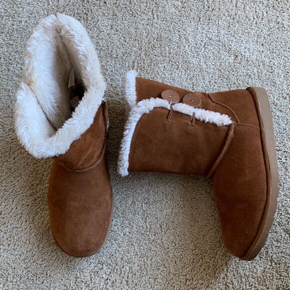 Chestnut Plush‎ Sherpa Fur Suede Leather Button Brown ugg style Boots Size 10 - Picture 3 of 9